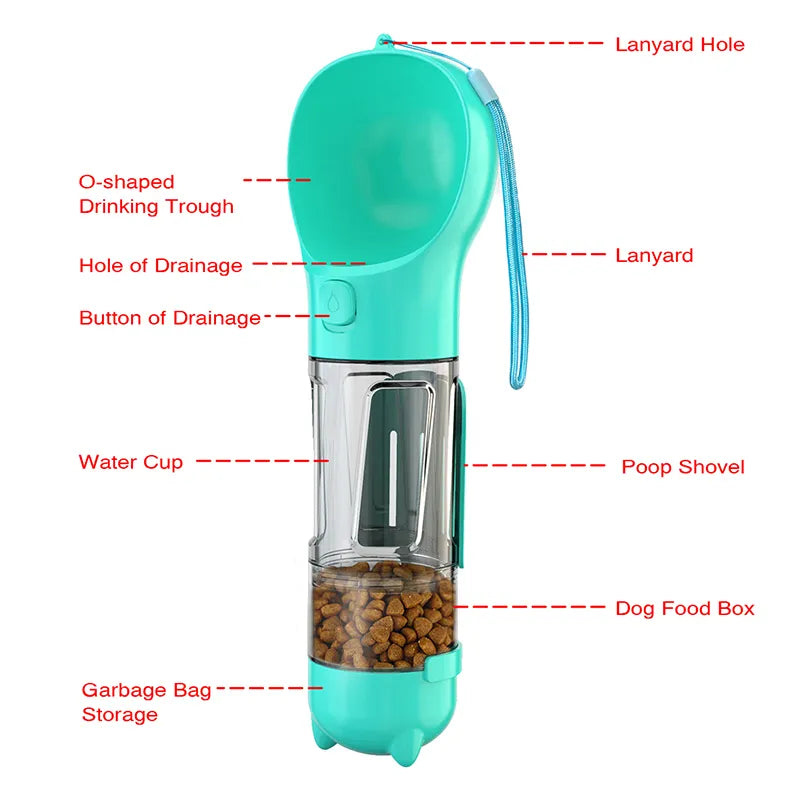 Portable Cat Dog Water Bottle Food Feeder Drinker Poop Dispenser 3 in 1 Leak Proof Multifunctional Travel Puppy Outdoor Drinking