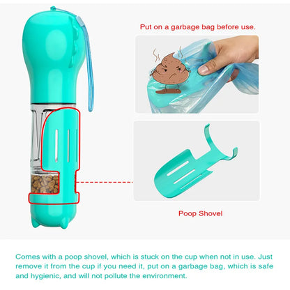 Portable Cat Dog Water Bottle Food Feeder Drinker Poop Dispenser 3 in 1 Leak Proof Multifunctional Travel Puppy Outdoor Drinking